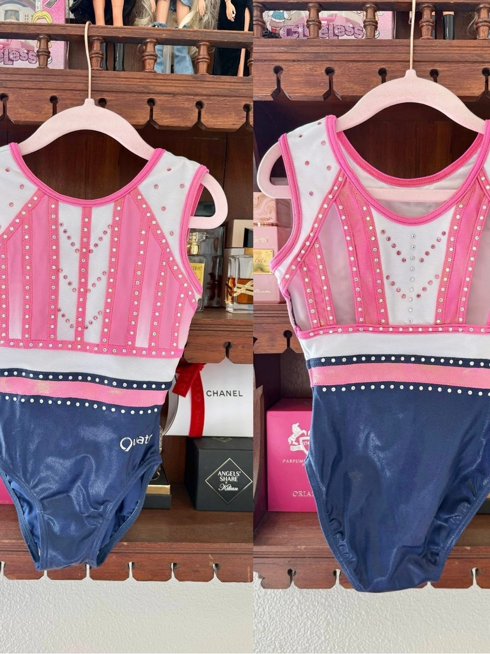 Quatro Pink and Navy Rhinestone Gymnastics Leotard